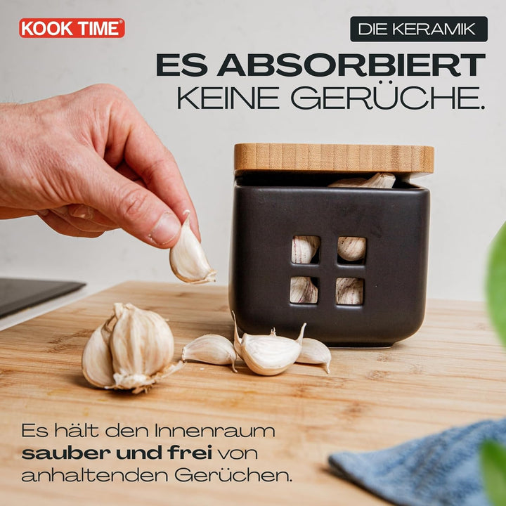 Kook Time Knoblauch Dose - Matt Schwarz Keramik Knoblauchtopf mit Bambusholz Deckel, Perfekte Knobla