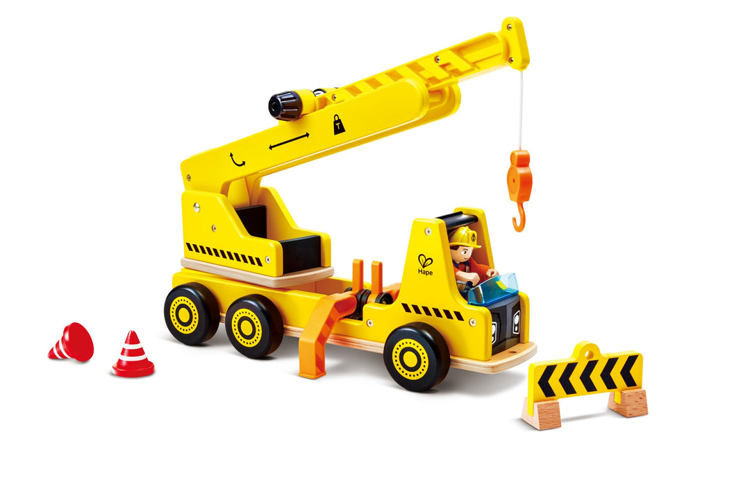 Hape Mobiles Kran- & Baustellenset, ausfahrbarer Kranarm, Rollenspiel für Kinder, aus Holz, ab 2 Jah