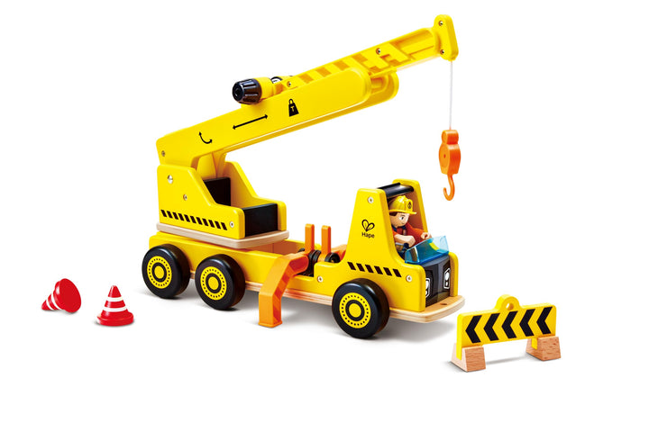 Hape Mobiles Kran- & Baustellenset, ausfahrbarer Kranarm, Rollenspiel für Kinder, aus Holz, ab 2 Jah