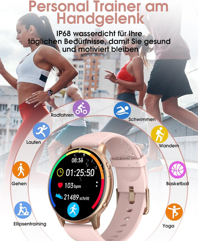 TUYOMA Smartwatch für Damen, IP68, wasserdicht, 3,3 cm (1,3 Zoll), Touchscreen, Sportuhr mit Oxymete