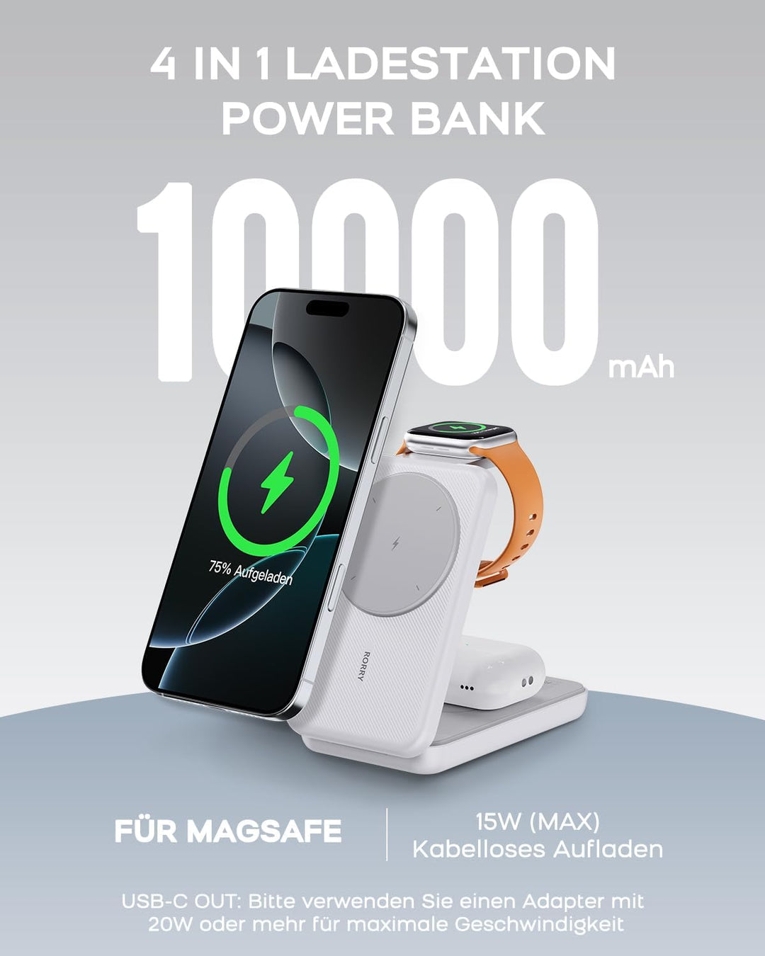 RORRY Powerbank für Magsafe, 10000mAh Magnetische Power Bank Kompatibel mit iPhone 16 15 14 13 12 Pr