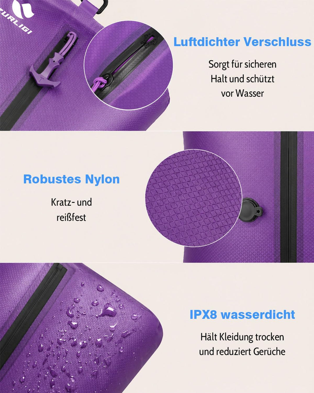 Zurligi 39L Vakuumbeutel-Reiseset mit Pumpe, Nylon, Griff, Lila, 2 Stück | Wiederverwendbare, wasser
