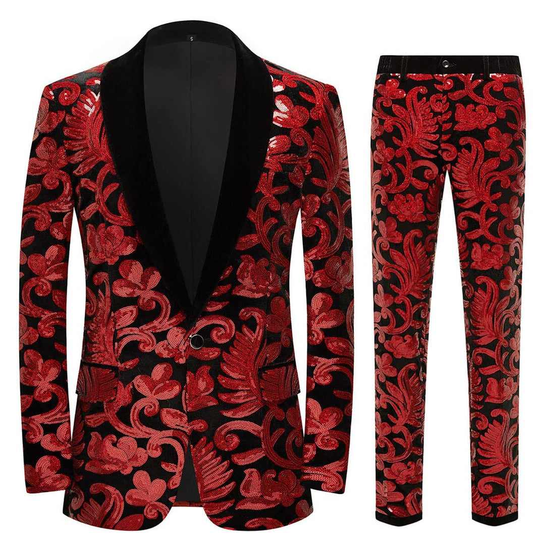 CARFFIV Herren Modische Blumenmuster Pailletten Zweiteiler Set Anzüge XS Rot, XS Rot