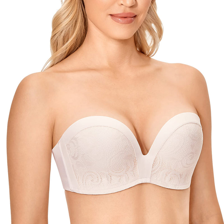 DELIMIRA Damen Push Up Trägerlos BH - Spitze Gemoldete Cups Trägerlos Büstenhalter 80F Rose White, 8