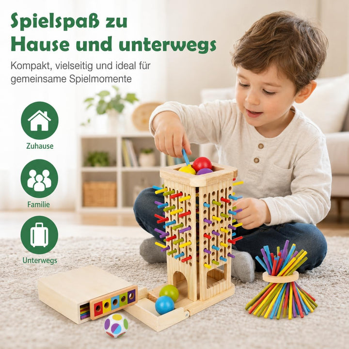 3-in-1 Montessori Spielzeug ab 3 Jahre, Holz Brettspiel mit Stäben | 40 Holzstäbe, Holzbox, Kugelfal