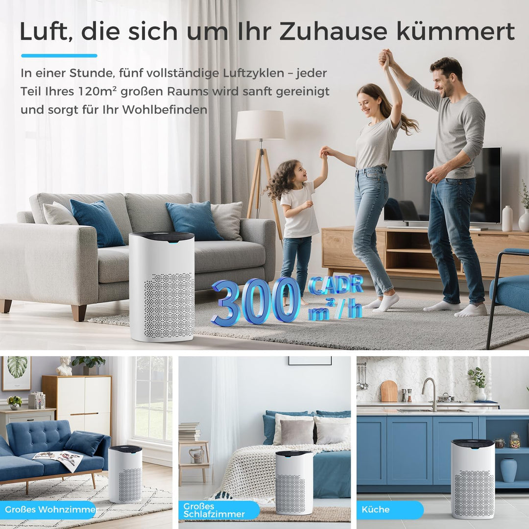 AROEVE Luftreiniger, CADR 300 m³/h für 120 m² Raum, Luftreiniger Allergiker gegen Pollen, Staub, Tie