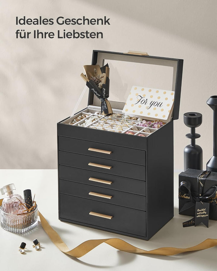 SONGMICS Schmuckkästchen, Schmuckkasten mit 6 Ebenen, Schmuckbox mit Glasdeckel, 5 Schubladen, für S