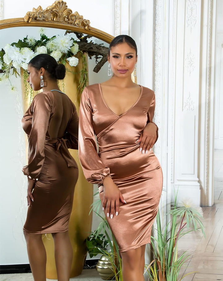 Koucla Rückenfrei Satin Look V-Neck Midi Cocktail Kleid mit Deko Schleife, Braun
