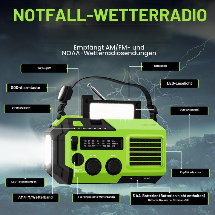 FosPower - Notfallradio NOAA/AM/FM mit 19240mWh (5200mAh) Tragbare Powerbank - Aufladung per USB/Sol