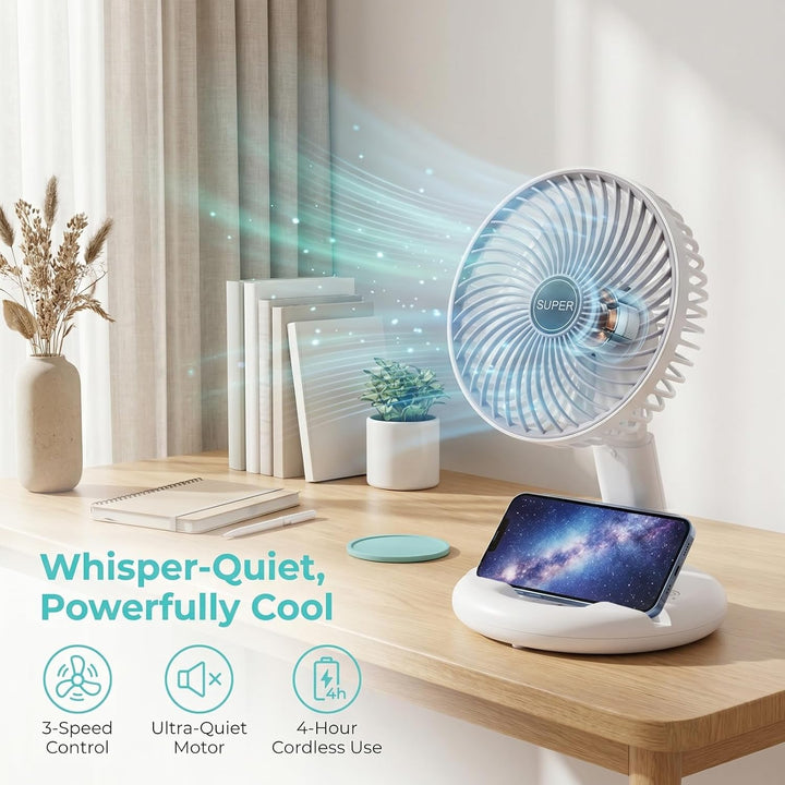 USB Tischventilator, Tragbar Leise Tischventilator mit 3 Geschwindigkeiten, Faltbar Akku Ventilator,