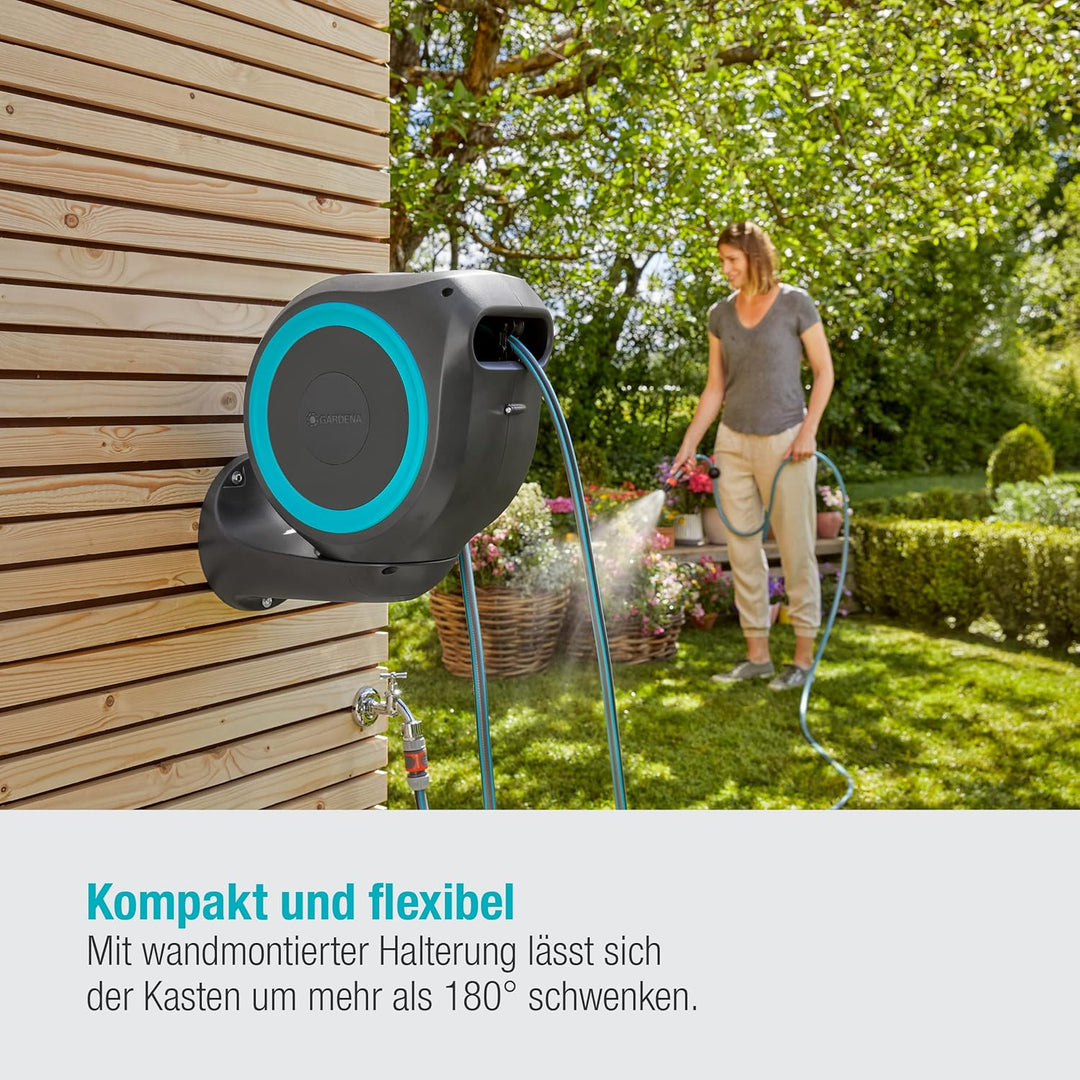 Gardena Wand-Schlauchbox RollUp S (türkis) 15 m: Flexible Bewässerung für kleine Gärten, schwenkbare