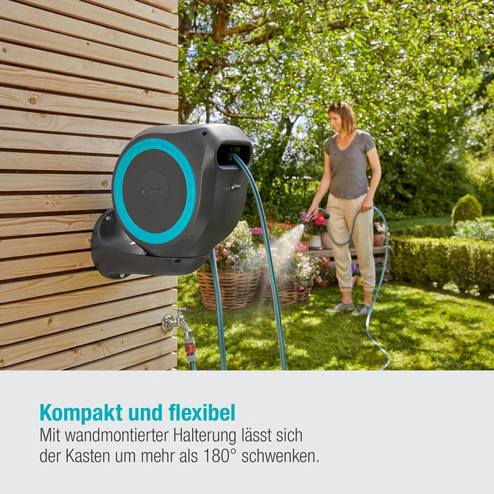 Gardena Wand-Schlauchbox RollUp S (türkis) 15 m: Flexible Bewässerung für kleine Gärten, schwenkbare