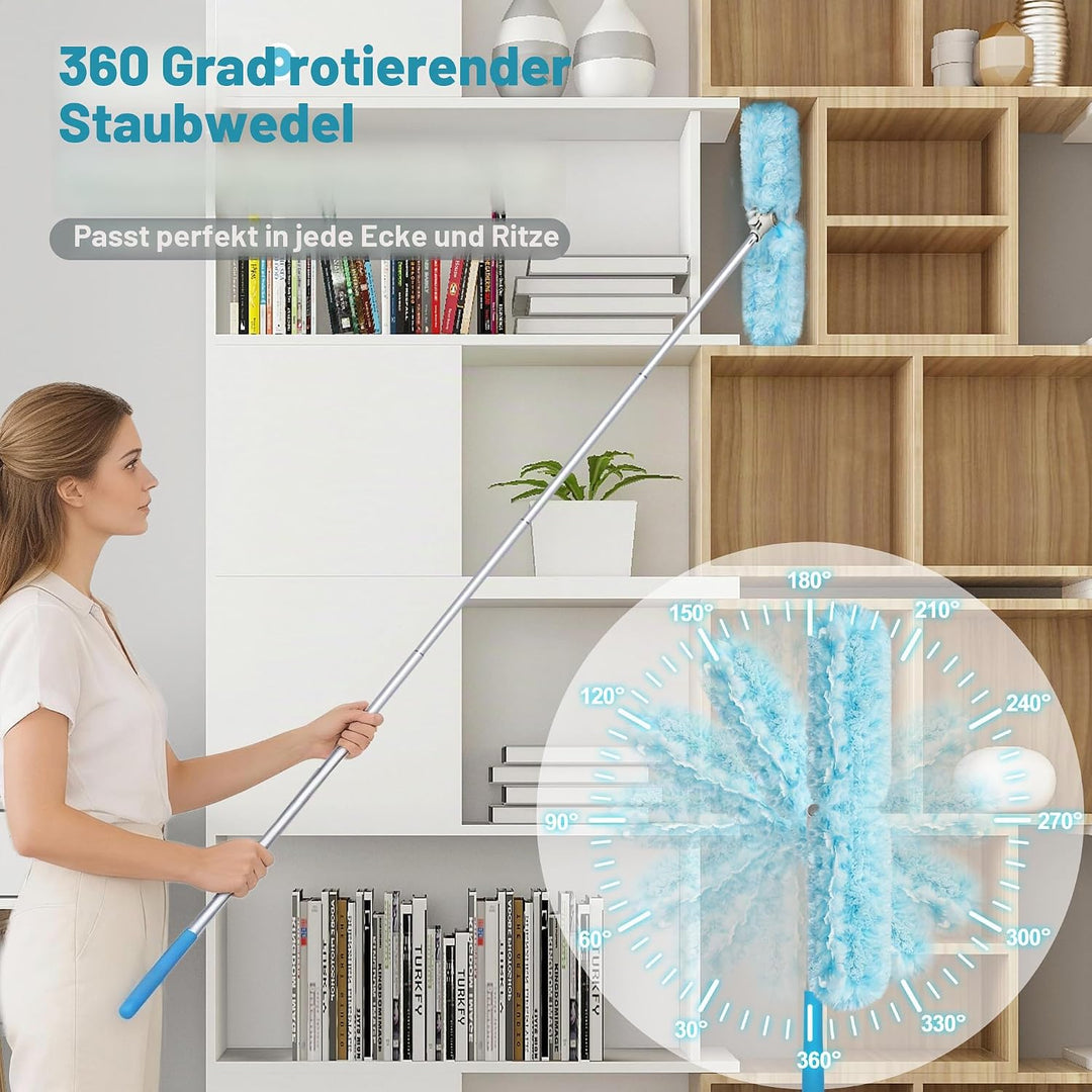 JEHONN Staubwedel Lang Ausziehbar 180 cm, 10 Nachfülltücher für Swiffer Teleskopstange, Robust Doppe