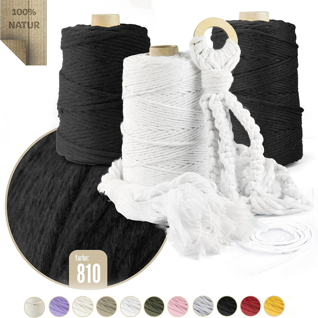 Seiletech.de Premium MAKRAMEE GARN | 600m | 3mm | Schwarz | 100% Baumwolle | Kordel Natur | Baumwoll