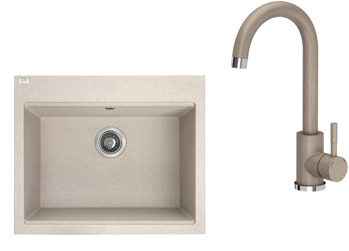 VBChome Spülbecken mit Armatur 60 x 50 cm Beige Einzelbecken Granit Rechteckig Einbauspüle Gesprenke