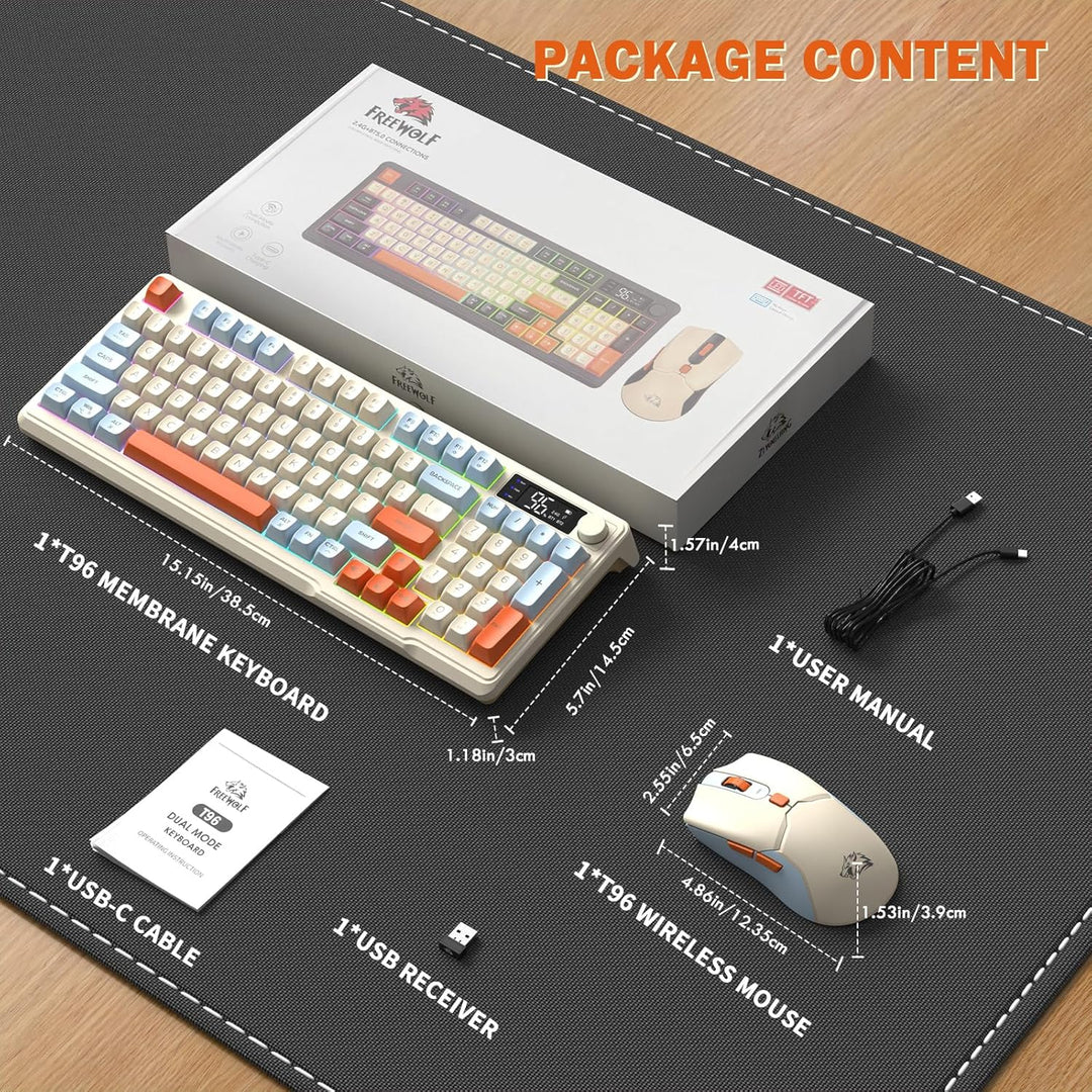 ZIYOU LANG×FREEWOLF T96 Kabelloses Gaming-Tastatur- und Maus-Set, BT/2,4 GHz, Smart Display und Knop