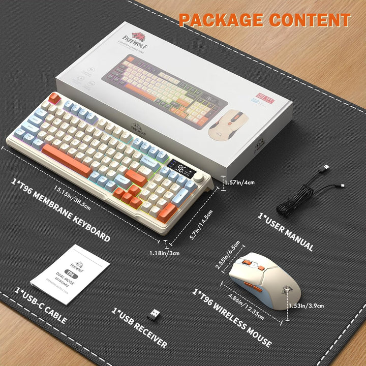 FREEWOLF T96 Kabellose Tastatur und Maus, Bluetooth & 2.4G,PBT-Tastenkappen, QWERTY, Medienrad, Disp
