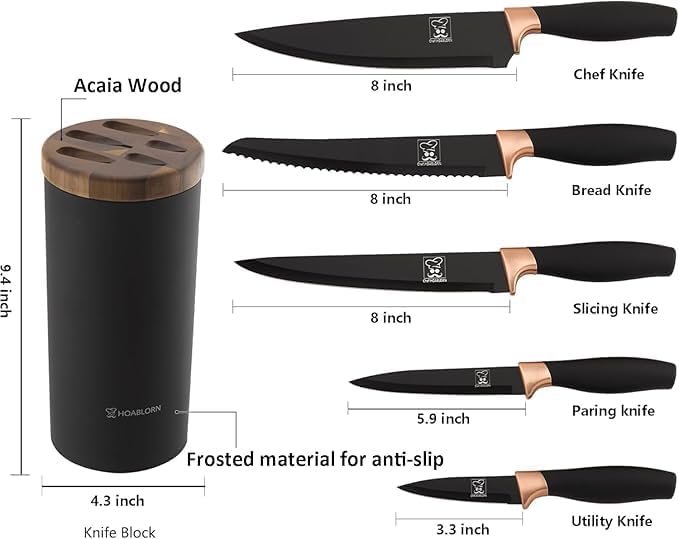 Messerblock Set 6-teilig – Küchenmesser Set mit rundem, schwarzem Messerhalter, platzsparend & leich