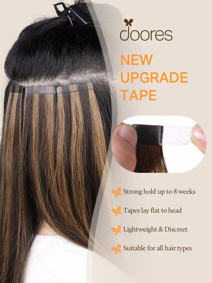 DOORES Tape Extensions Echthaar, Dunkel Braun bis Chestnut Braun und Dirty Blonde Highlights 50cm (2