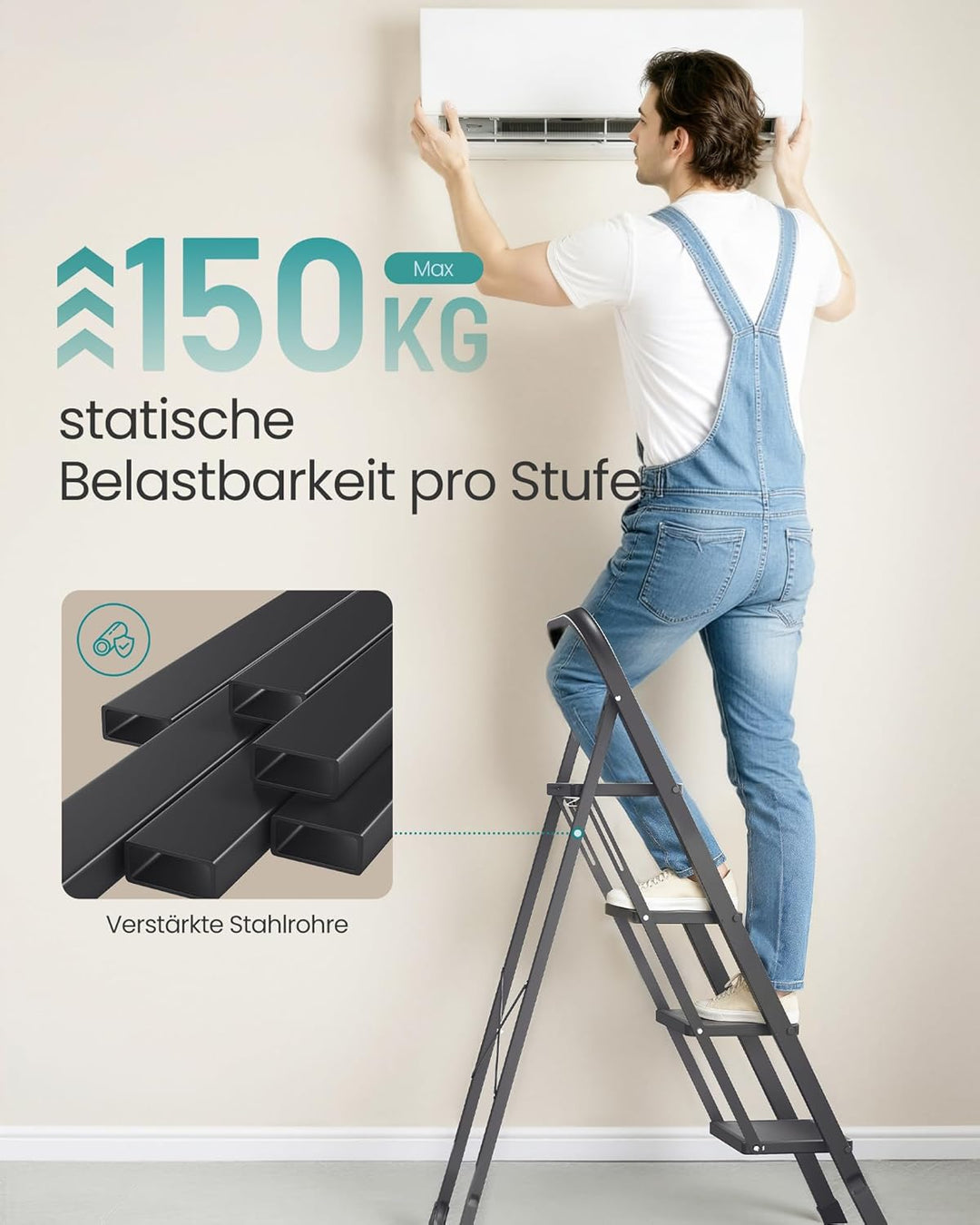 SONGMICS Trittleiter, Leiter mit 4 Stufen, Klapptritt, Klappsicherung, einfach zu verstauen, bis 150