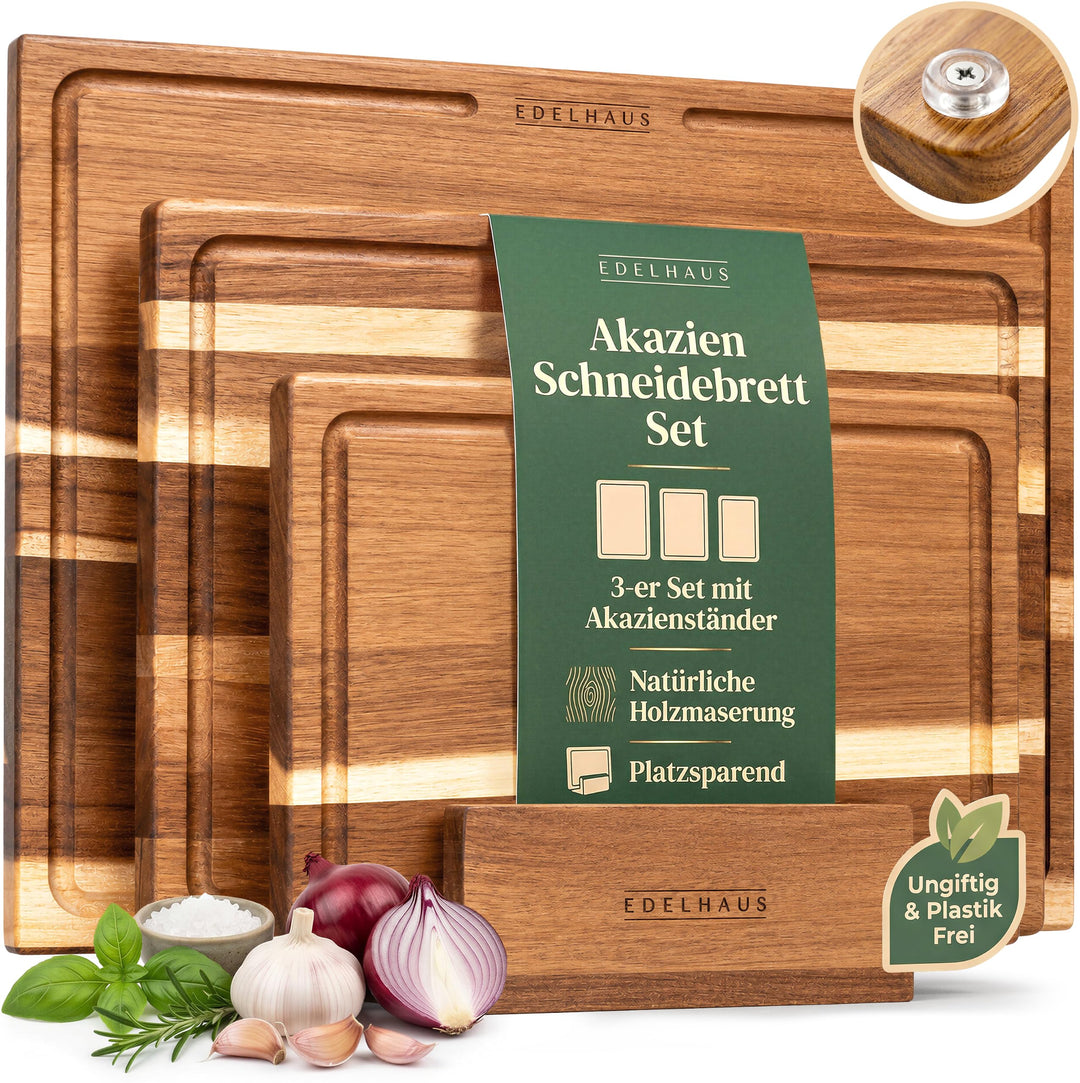 Schneidebrett Holz 3er Set (40x30cm / 33x24cm / 26x18cm) Holzschneidebrett aus Massiver Akazie - 2cm