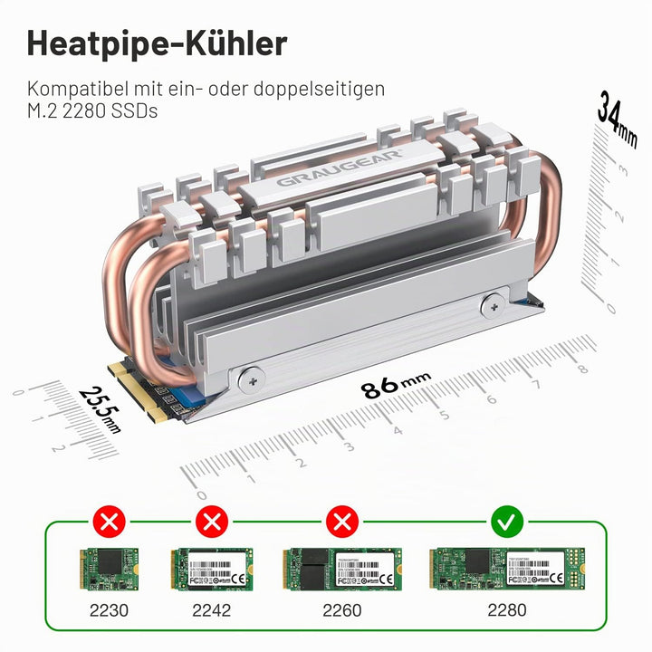 GRAUGEAR M.2 2280 NVMe SATA SSD Kühlkörper, Direct Touch Heatpipe, Dual-Kupfer-Heizrohre, Aluminiuml