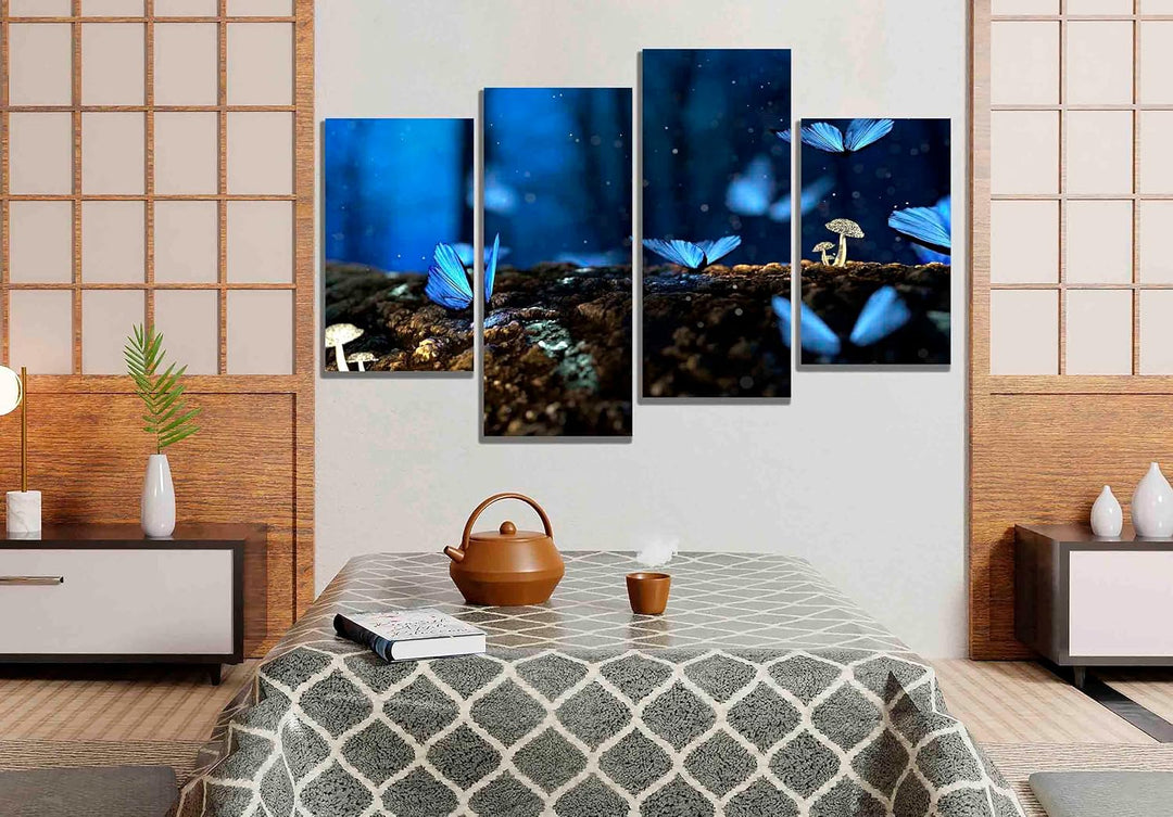 Kunstdruck auf Leinwand, Motiv blaue Schmetterlinge im Wald, fertig zum Aufhängen, 89 x 56 cm 89cm x