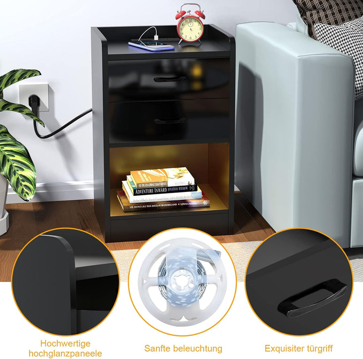 Lvhecforhm 2er Set Nachttisch Schwarz, Nachttisch mit 2 Schubladen, Hochglanz Nachttisch Tisch, Nach