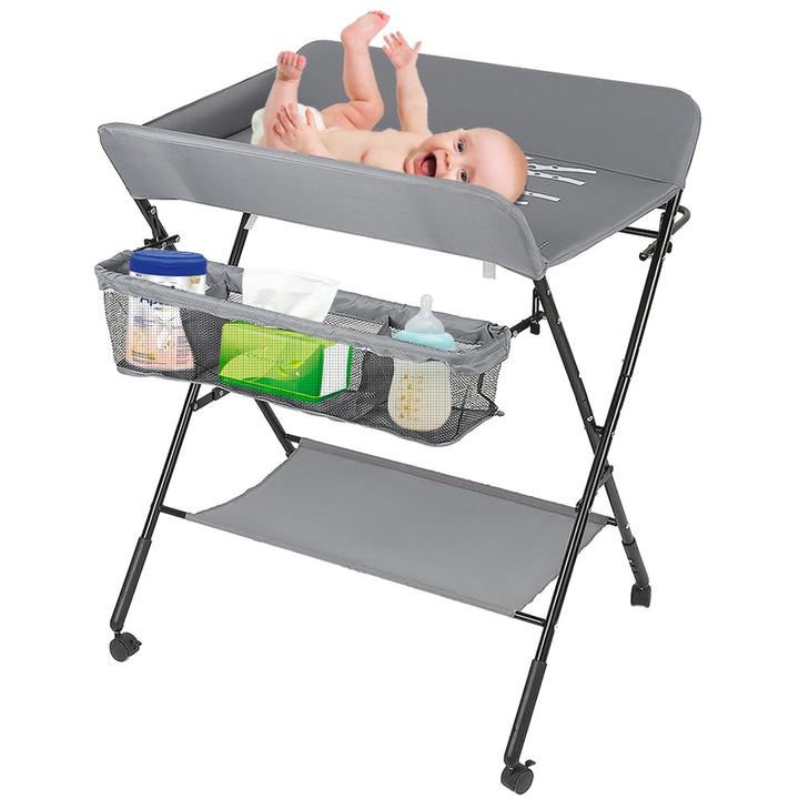 Baby Klappbarer Wickeltisch，Mobiler Wickeltisch mit Rollen und Wickelauflage,Wasserdicht und Höhenve