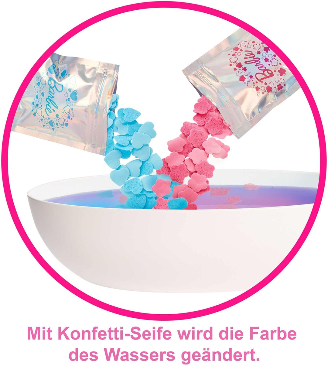 Barbie Self-Care Serie, Konfetti-Bad, Barbie-Puppe mit blonden Haaren, Badeanzug, Welpe,2 Konfetti-S