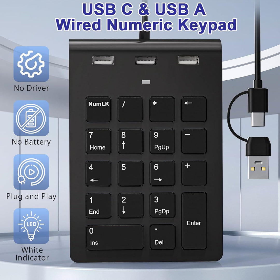 USB C & USBA Numpad Wired – Nummernblock mit 3 USB 2.0 Hub, 18-Tasten Ziffernblock für Laptop/Deskto