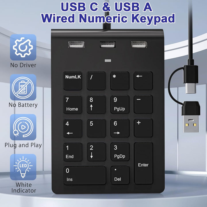 USB C & USBA Numpad Wired – Nummernblock mit 3 USB 2.0 Hub, 18-Tasten Ziffernblock für Laptop/Deskto