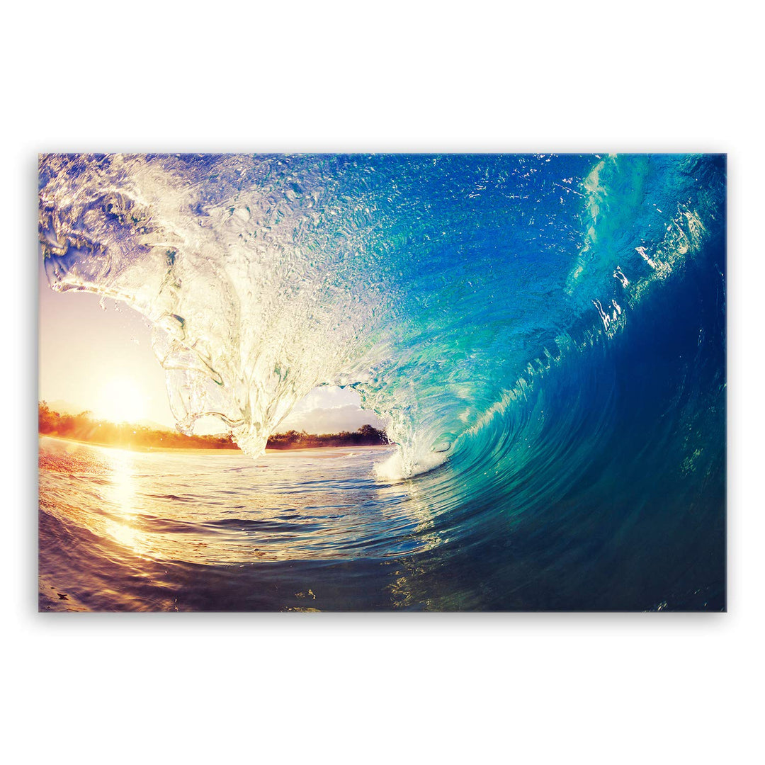 ge Bildet Bild auf Leinwand | the Wave - Welle Surfen Wasser Sonnenuntergang blau gelb orange S in 1