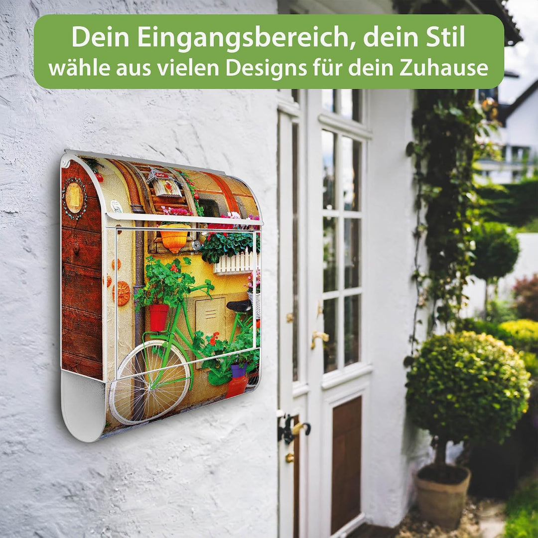 banjado® Design Briefkasten mit Motiv Grünes Fahrrad 39x47x14cm &amp; 2 Schlüssel - Briefkasten Stahl we