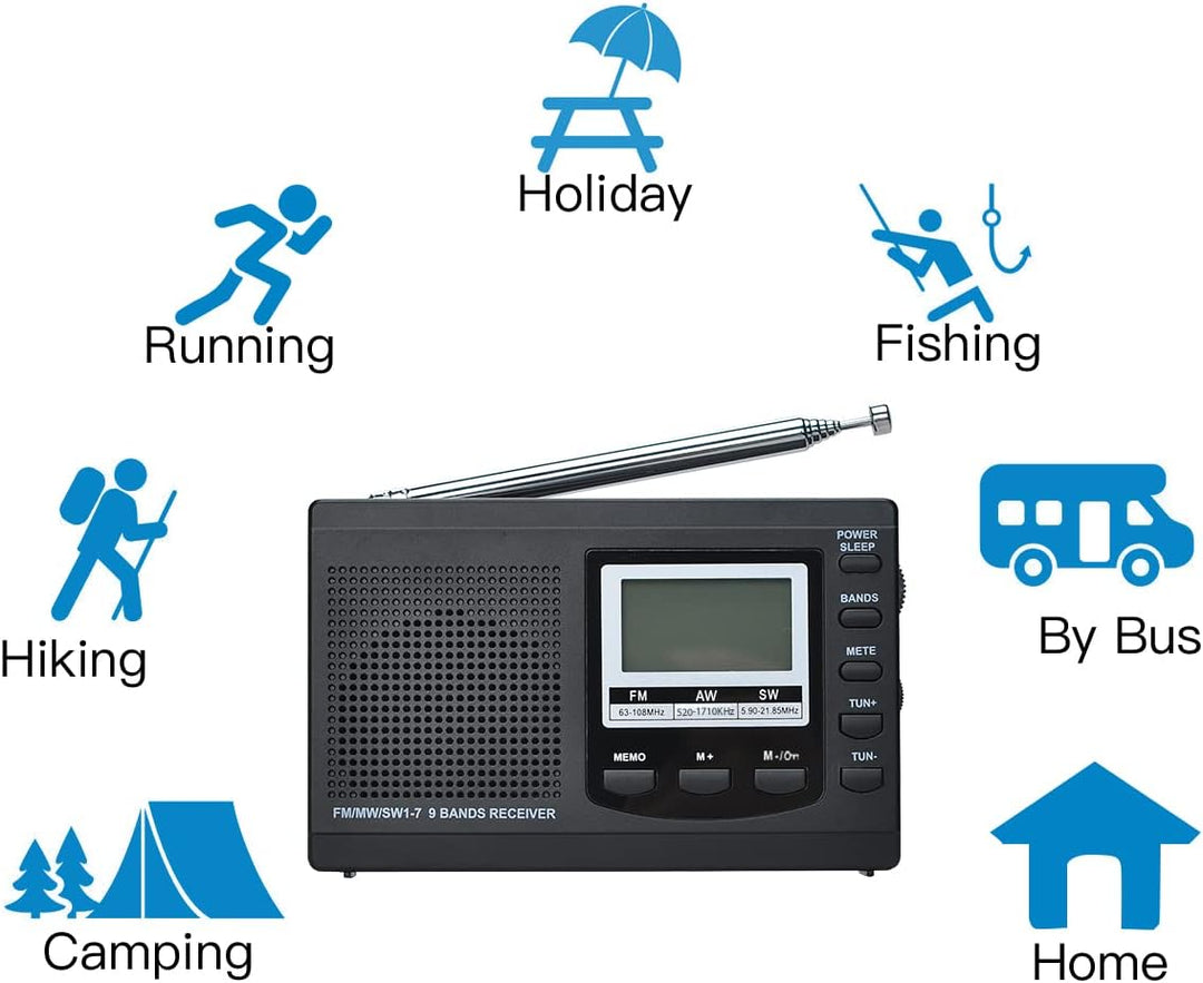 COVVY AM/FM / SW1-7 Tragbarer 9-Band-Radioempfänger mit Lautsprechern und Kopfhörern, ausgezeichnete
