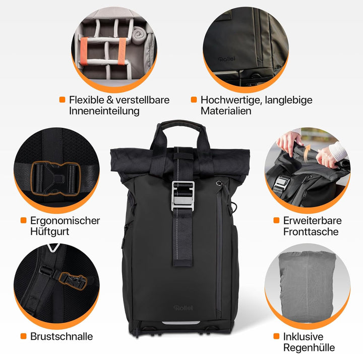 Rollei Fotoliner Ocean Rolltop Kamerarucksack Wasserdicht Fotorucksack Gross Kamera Rucksack mit Lap