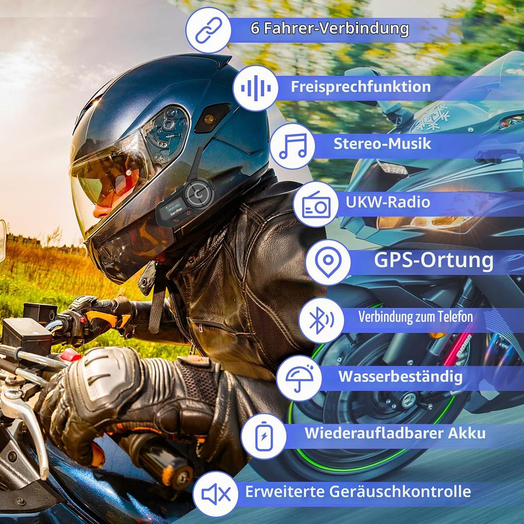 EuroFone Motorrad Bluetooth Headset,Motorrad Bluetooth Gegensprechanlage mit LED-Bildschirm für 6 Fa