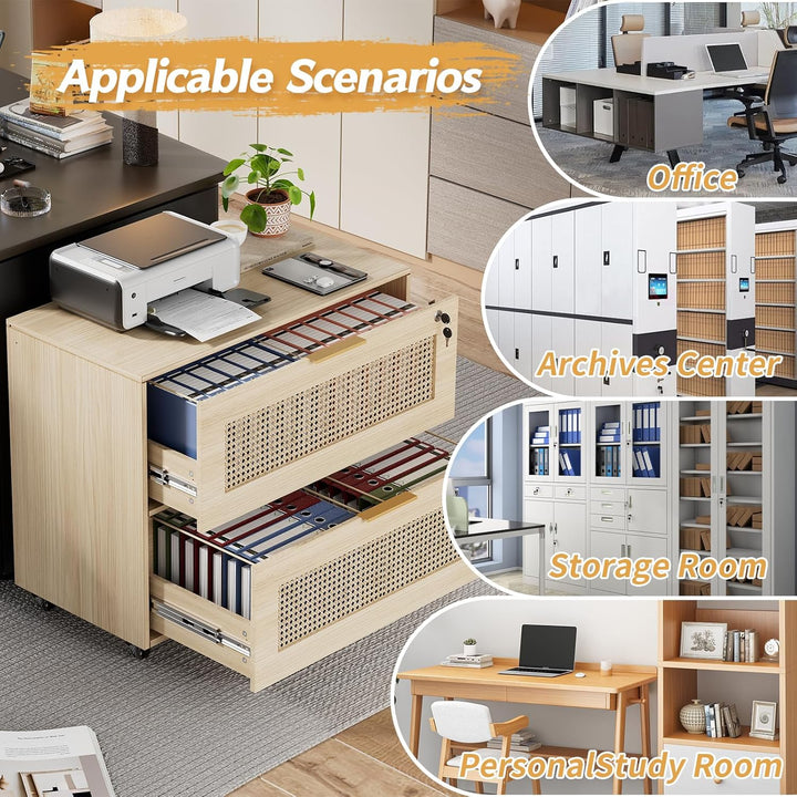 Rollcontainer Rattan, Büroschrank Abschliessbar, Mobiler Aktenschrank mit 4 Rollen, Ordnerschrank mi