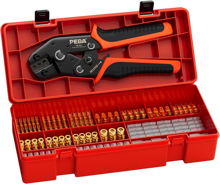 PEBA Crimpzange inkl. 11 Arten Flachsteckhülsen Set, Crimper für 0,25-2,50 mm² Spade Steckverbinder