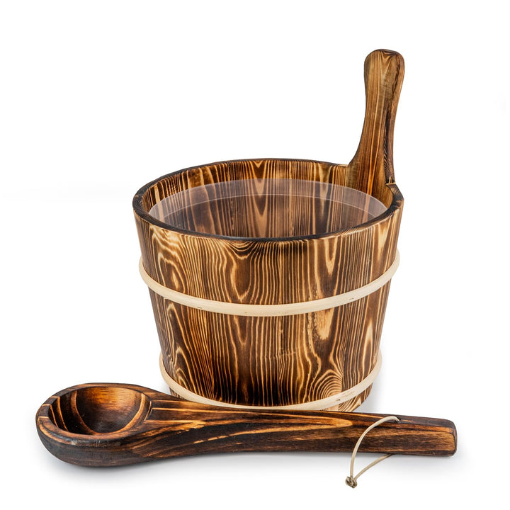 SAUNAINTER Sauna Eimer mit Kelle - Saunazubehör Set, Yakisugi Japan Stil verkohltes Holz, Kunststoff