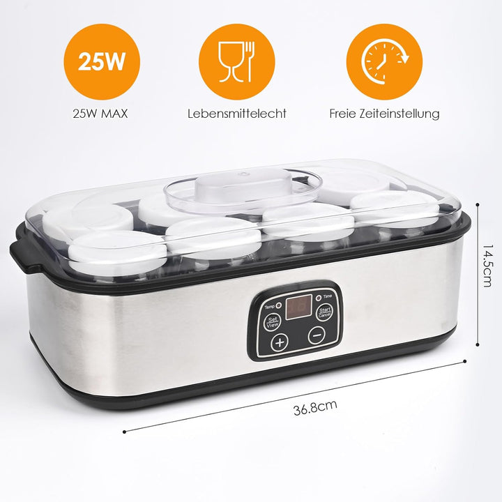Dreamhigh® Elektrische Joghurtbereiter, Griechische Joghurtmaschine mit 8 Glasbehälter à 180 ml, Jog