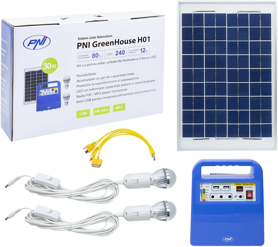 PNI Solarpanel Tragbarer Solarstrom-Stromerzeuger Greenhouse H01 30W mit 12V / 7Ah Batterie, USB/Rad