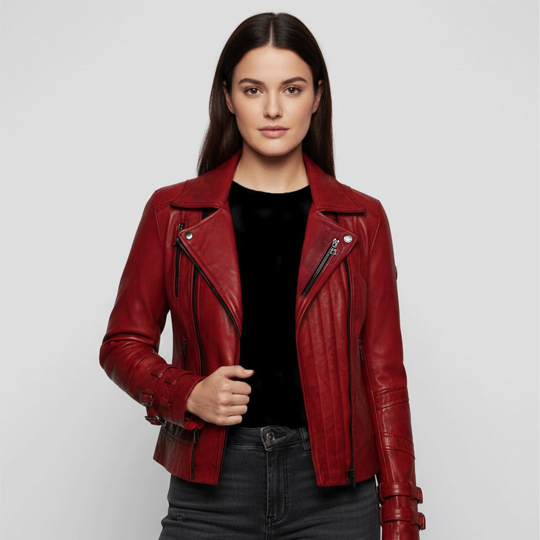 Bluepiel Poula Damen Lederjacke - Modernen Biker-Look - Echt Leder Jacke Rot Tailliert mit Reverskra