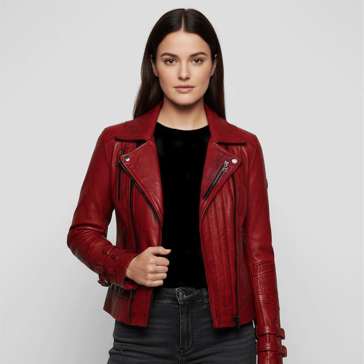 Bluepiel Poula Damen Lederjacke - Modernen Biker-Look - Echt Leder Jacke Rot Tailliert mit Reverskra