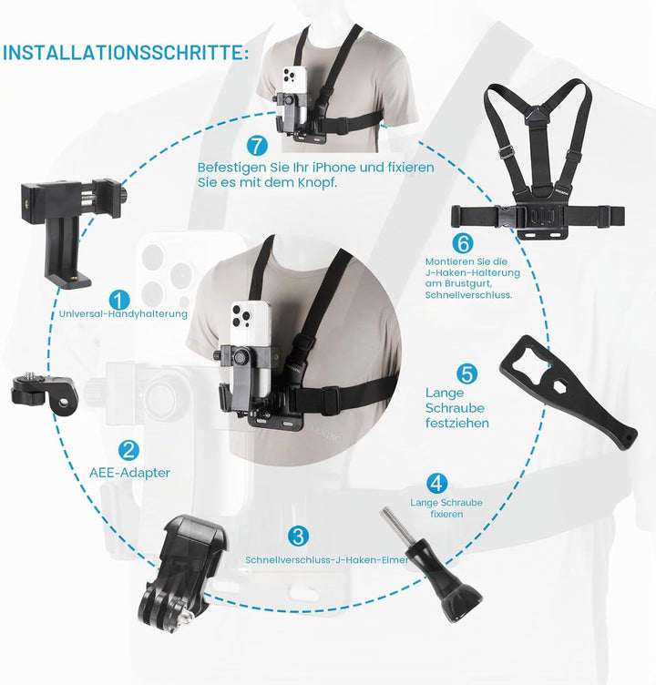 PellKing Handy-Brustgurt-Halterung, Handy-Clip, Action-Kamera, POV für Samsung iPhone Plus etc