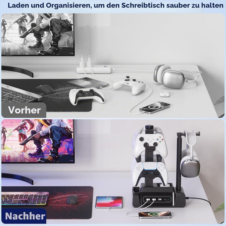 KDD USB Ladestation für Mehrere Geräte mit 4 Port, Handy Ladestation mit Headset und Controller Halt