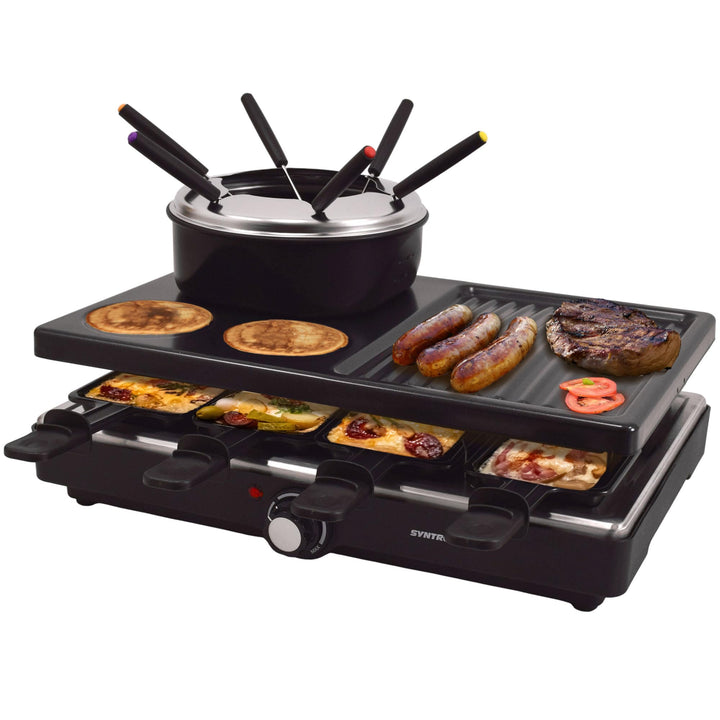 Syntrox Raclette Fondue 2in1 für 8 Personen, 1400 W, antihaft Grillplatte, 8 Pfännchen, 1,4 l Fondue