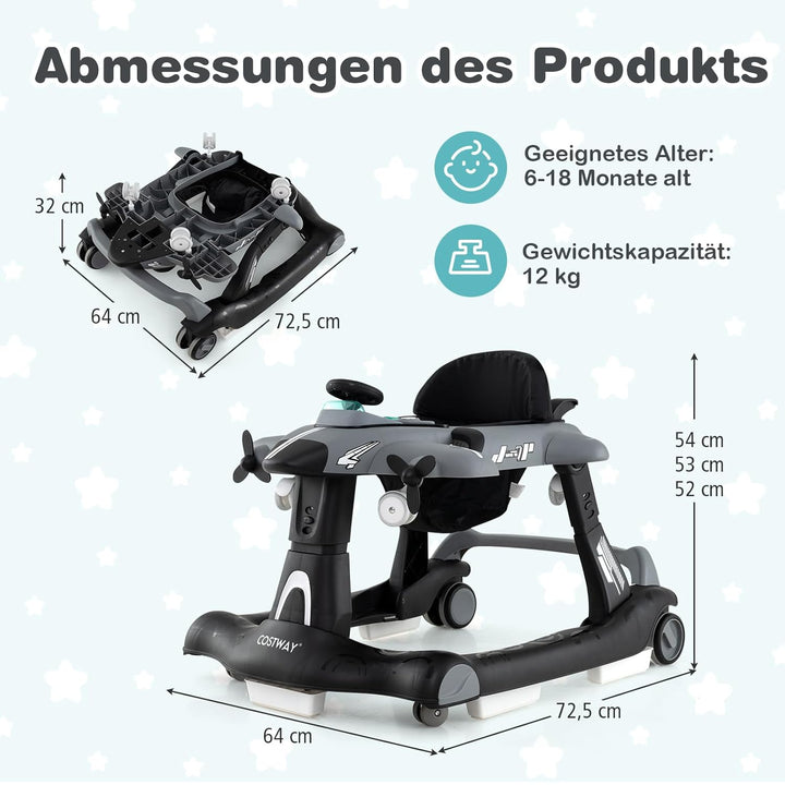 COSTWAY 6 in 1 Lauflernhilfe, Lauflernwagen klappbar mit verstellbarer Höhe & Geschwindigkeit, Baby