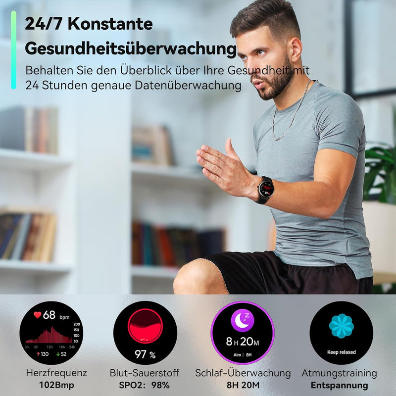 Smartwatch Herren Damen mit Telefonfunktion,Fitnessuhr mit 110+ Sports,Armbanduhr IP68 Wasserdicht,