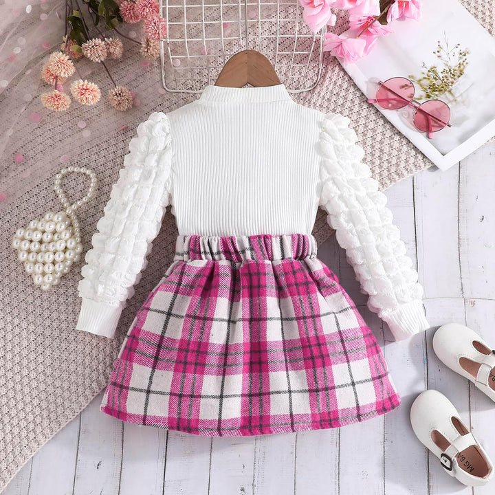 Kleinkind Mädchen Kleidung Puffärmel Langarm Gerippte Oberteile + Bowknot Plaid Mini Rock 2 Stück He